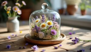 Composer un centrepiece avec une cloche et des fleurs séchées