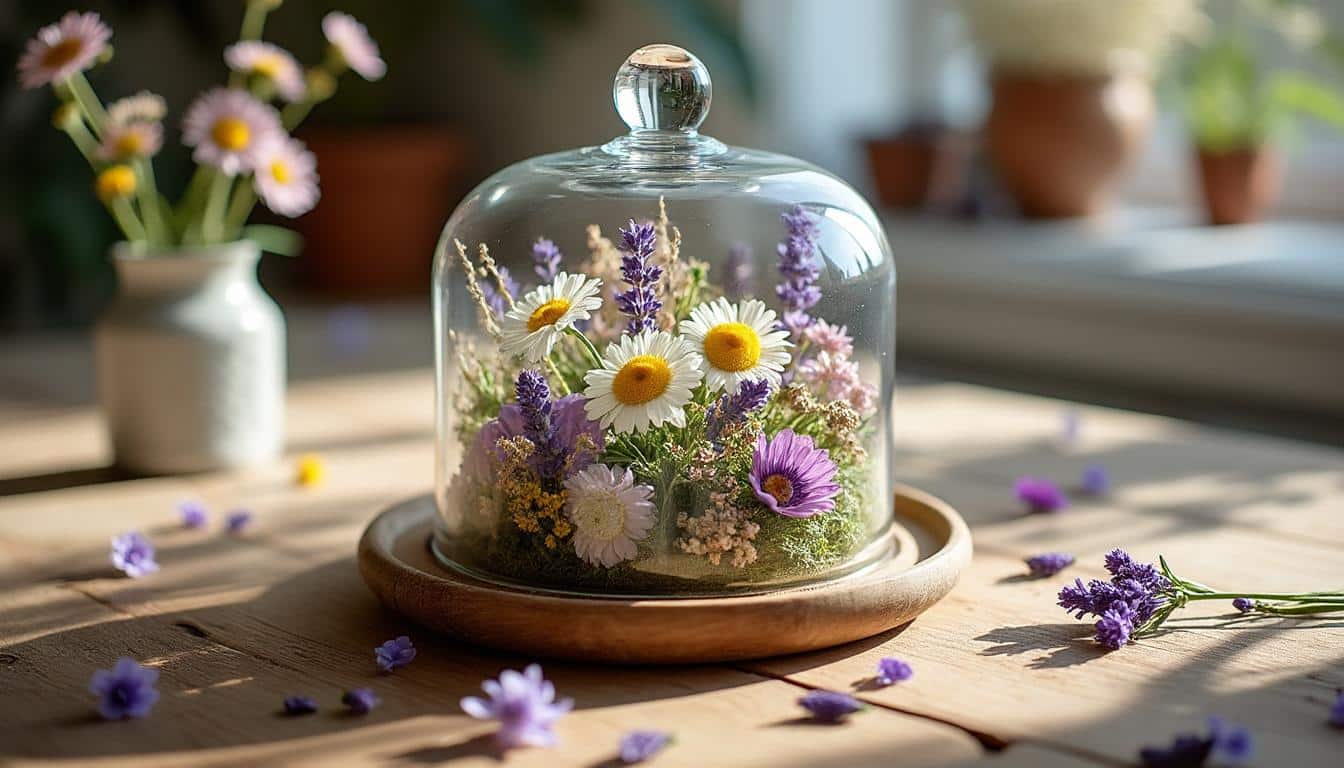 Composer un centrepiece avec une cloche et des fleurs séchées